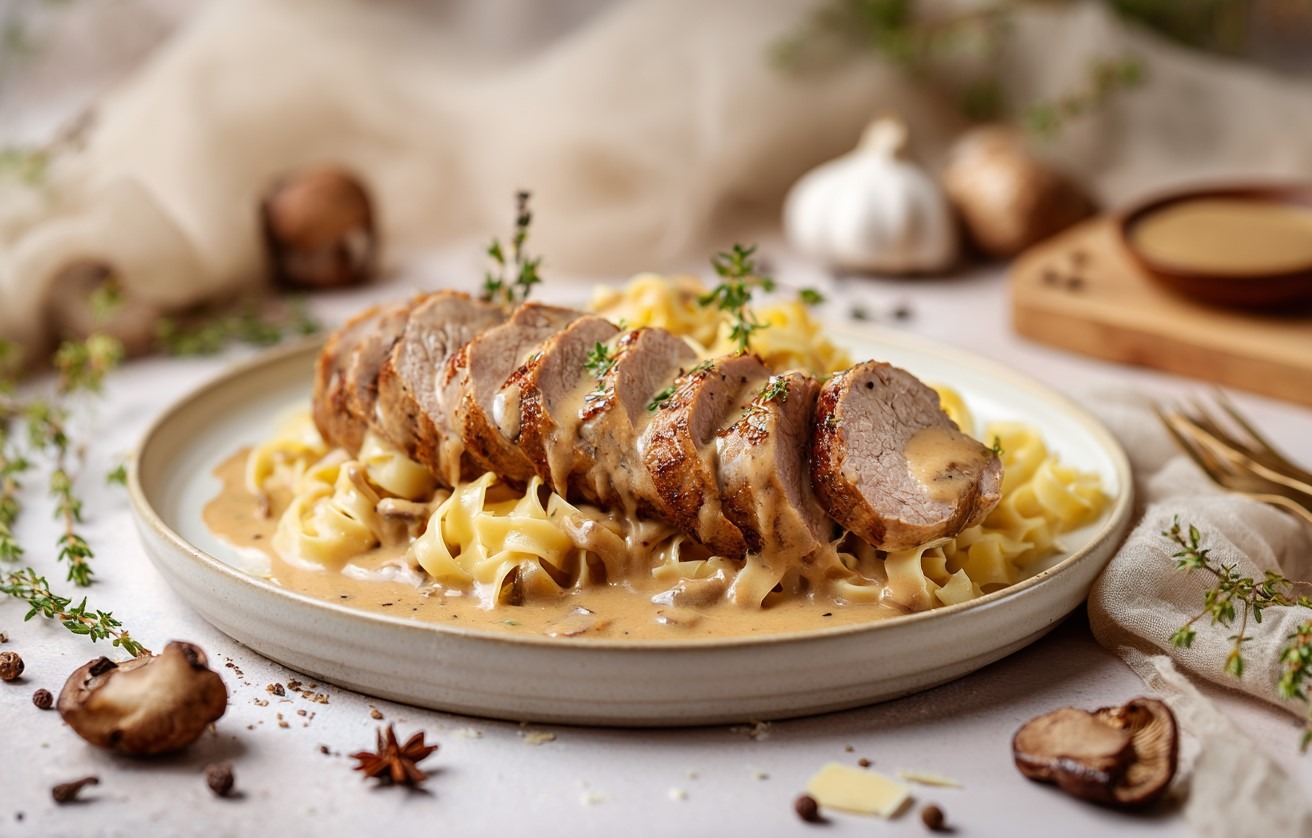 Polędwiczki wieprzowe w sosie borowikowym z tagliatelle