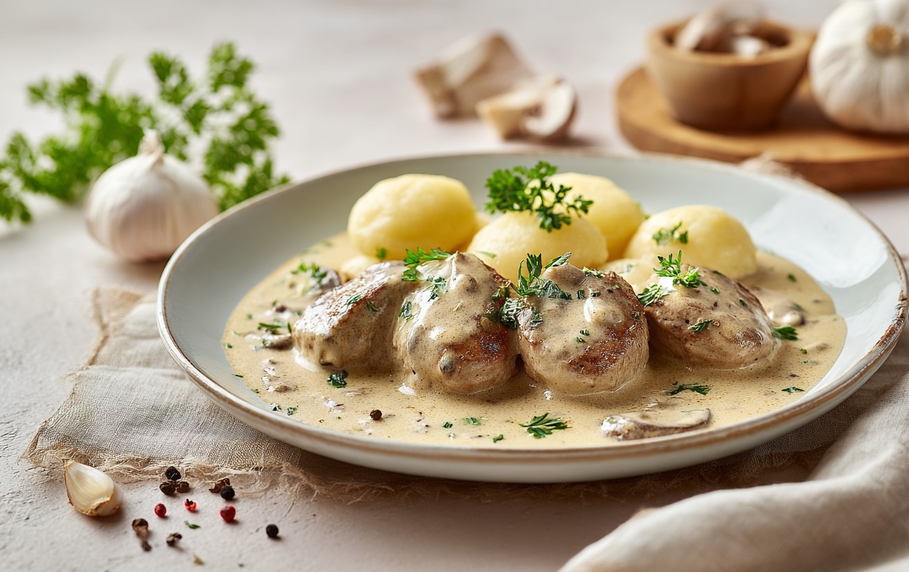 Polędwiczki wieprzowe w sosie grzybowym z kluskami śląskimi